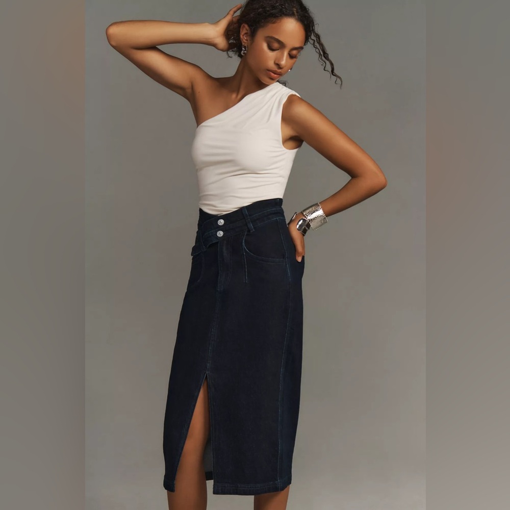 Anthropologie PILCRO the Arden Double-Waist Black Midi Skirt, Size ?0/2